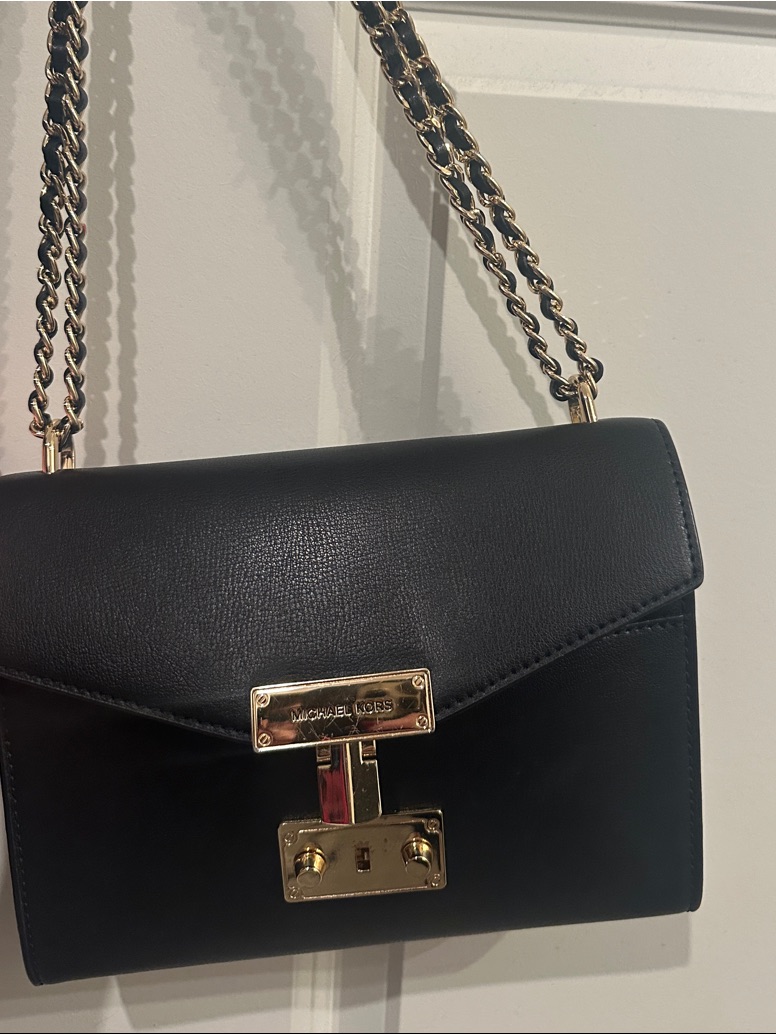 Michael Kors Black Leather Shoulder Bag With Gold Hardware And Chain Strap